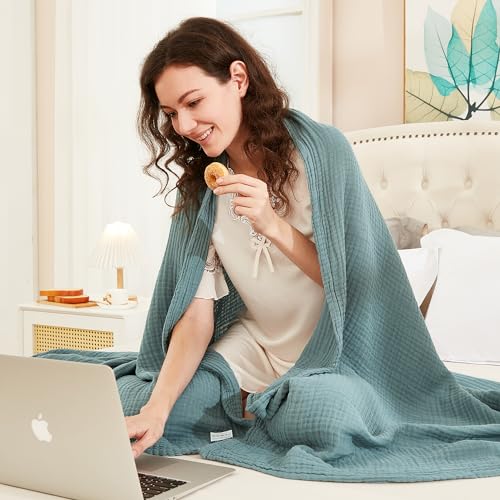 EMME Cotton Muslin Blanket King Size - Soft, Breathable Layering Bedspread Blanket, 108"x90", All Season Gauze, Teal - Image 2
