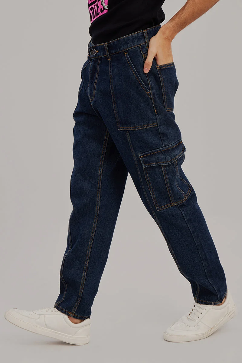SNITCH Hip Hop Dark Blue Baggy Cargo Jeans