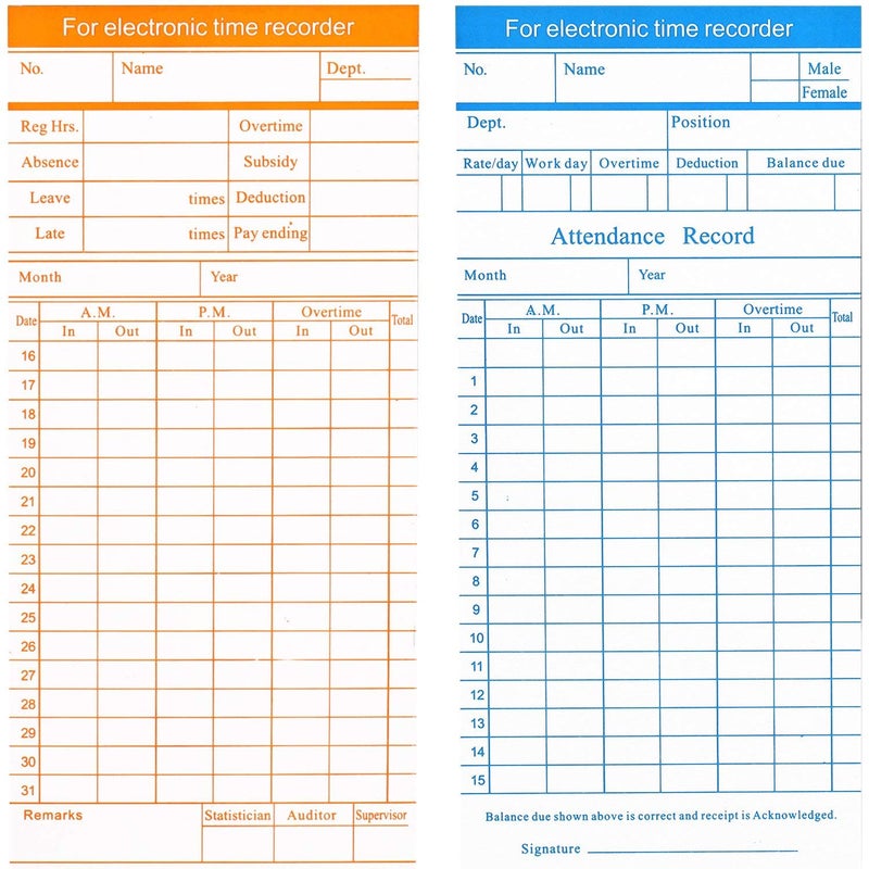 Flexzion Time Cards, Monthly Timesheet, Clock Timecard - 270 Pack, 6 Column 2-Sided Orange/Blue, Card for Time Punch Clock, Employee Attendance, Payroll Recorder, Small Business - Image 2