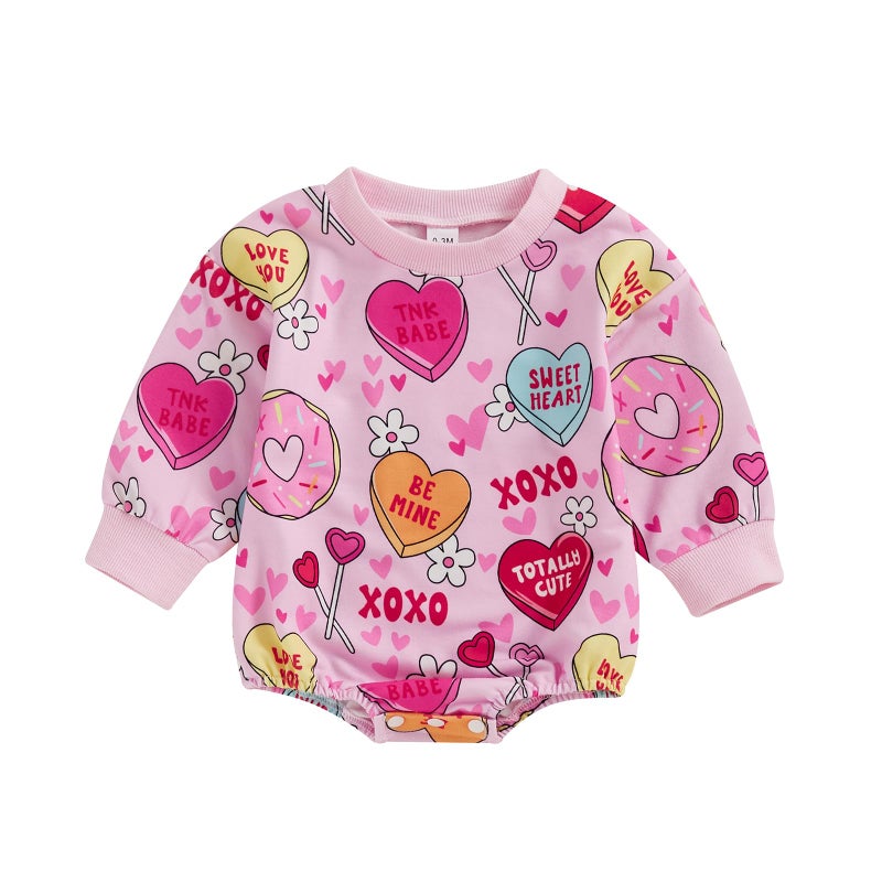 Lamuusaa Newborn Baby Girl Valentines Day Outfit Long Sleeve Heart Romper Bodysuit Oversized Sweatshirt Shirts 0-18M (Pink, 12-18 Months) - Image 1