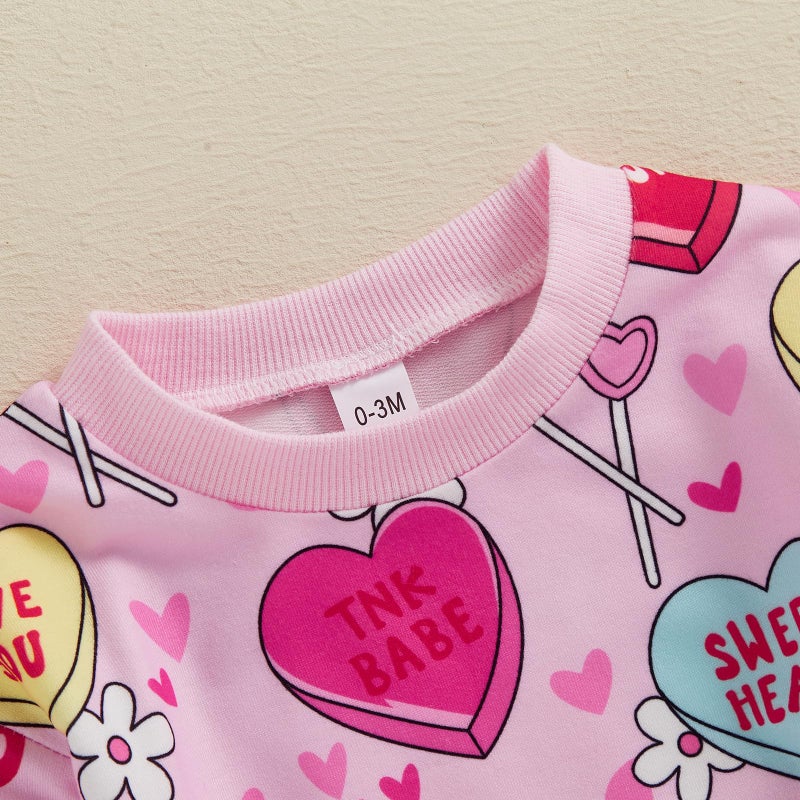 Lamuusaa Newborn Baby Girl Valentines Day Outfit Long Sleeve Heart Romper Bodysuit Oversized Sweatshirt Shirts 0-18M (Pink, 12-18 Months) - Image 2