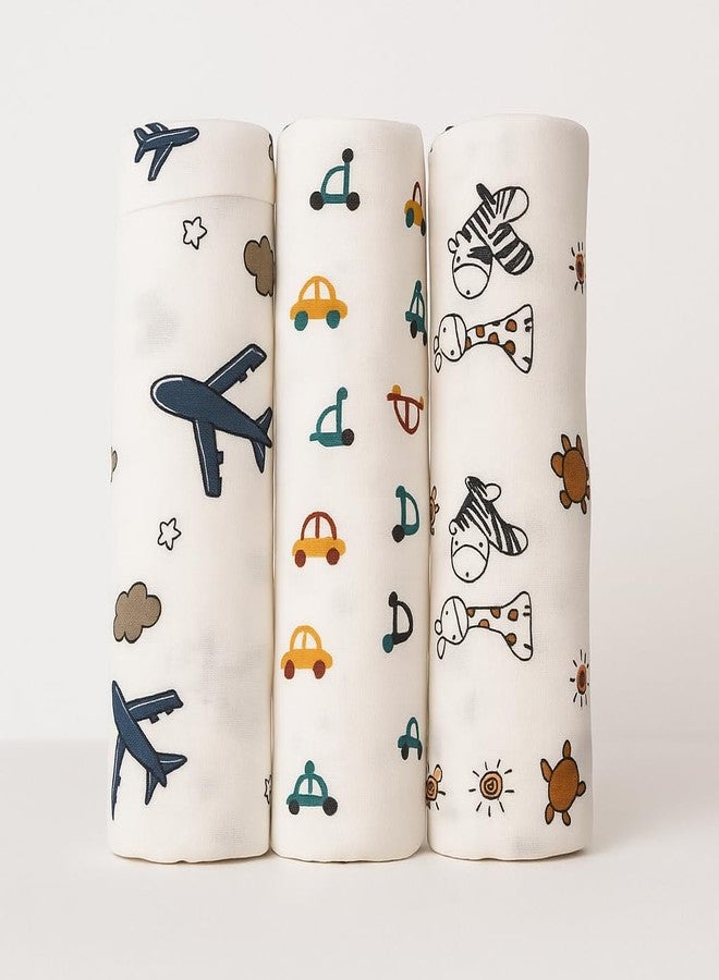 Nestlooms 100% Cotton Muslin Swaddle/Blanket/Multipurpose Wrap for New Born - Soft Swaddle Cloth for boy and Girl Printed (Combo of 3 Aeroplane Rides, Tiny Wheels, Jungle Buddies) - Image 1