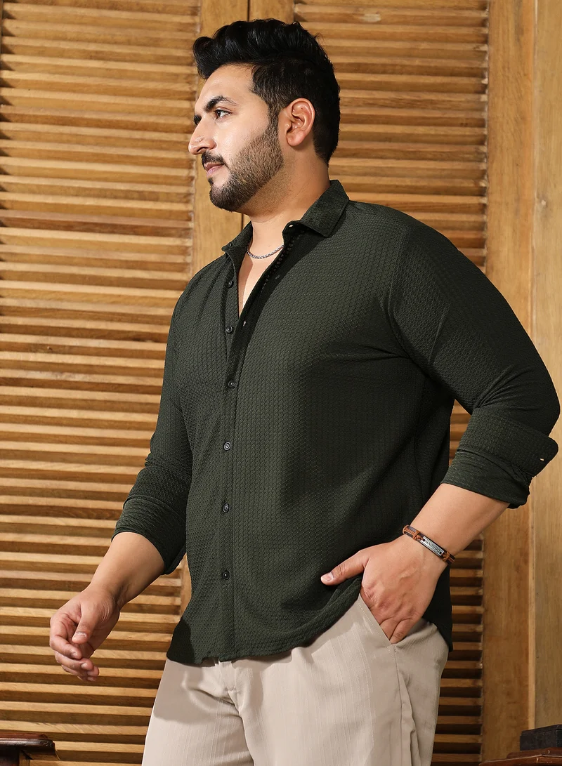 Instafab Plus  Instafab Plus Men's Seaweed Green Gridveil-Tactile Shirt For Casual Wear | Spread Collar | Long Cuffed Sleeves | Button Closure | Plus Size Shirt Crafted With Comfort Fit For Everyday Wear for Men | Best Price UAE