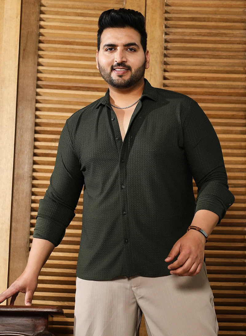 Instafab Plus Instafab Plus Men's Seaweed Green Gridveil-Tactile Shirt For Casual Wear | Spread Collar | Long Cuffed Sleeves | Button Closure | Plus Size Shirt Crafted With Comfort Fit For Everyday Wear