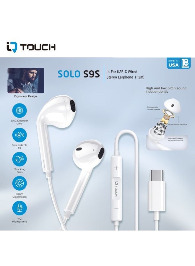 IQ TOUCH USB-C Stereo In-Ear Earphones, Wired 1.2M Cable, Inline Controls, Ergonomic Fit, HQ Microphone, Deep Bass, Compatible with Type-C devices, SOLO S9S, White - Image 4