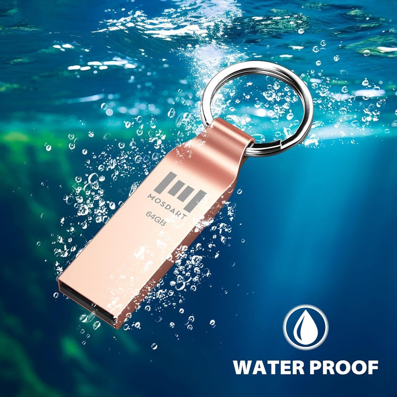 موس دارت محرك أقراص فلاش MOSDART مقاوم للماء بسعة 64GB USB2.0، بتنسيق exFAT، عصا ذاكرة معدنية مع سلسلة مفاتيح، للنسخ الاحتياطي للنظام وتخزين البيانات، وردي ذهبي (عبوة من 2 قطعة) - Image 3