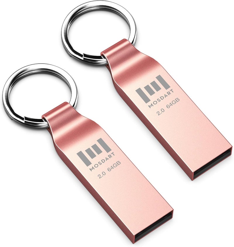 موس دارت محرك أقراص فلاش MOSDART مقاوم للماء بسعة 64GB USB2.0، بتنسيق exFAT، عصا ذاكرة معدنية مع سلسلة مفاتيح، للنسخ الاحتياطي للنظام وتخزين البيانات، وردي ذهبي (عبوة من 2 قطعة) - Image 1