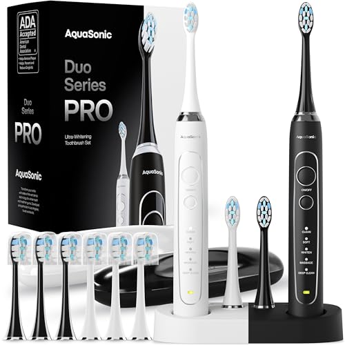 Aquasonic Duo Series PRO – Ultra-Whitening Electric Toothbrush Set – 5 Modes & Smart Timers – Premium Travel Cases & 10 Proflex Brush Heads – ADA Accepted Toothbrushes - Image 1