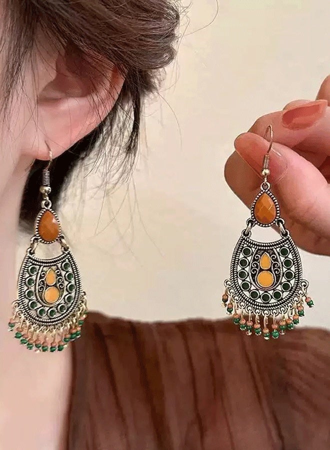 حلق فضة متكسرة عرقية طويلة للنساء - حلق هندية تقليدية عرقية بحجر برتقالي ومسدس - Image 1