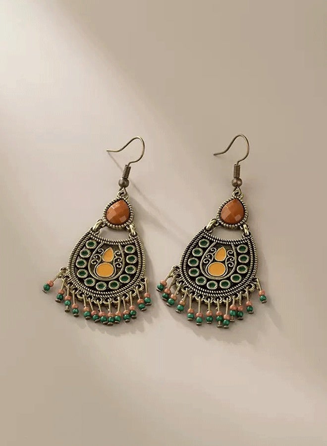 حلق فضة متكسرة عرقية طويلة للنساء - حلق هندية تقليدية عرقية بحجر برتقالي ومسدس - Image 3