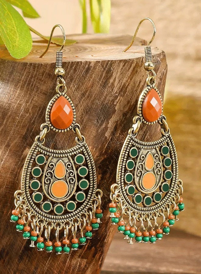 حلق فضة متكسرة عرقية طويلة للنساء - حلق هندية تقليدية عرقية بحجر برتقالي ومسدس - Image 4