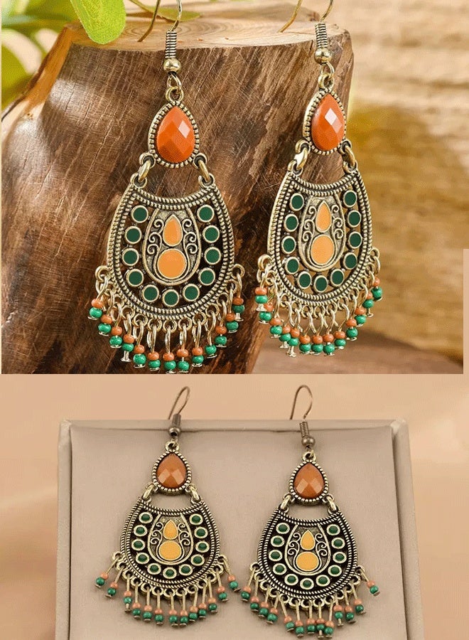 حلق فضة متكسرة عرقية طويلة للنساء - حلق هندية تقليدية عرقية بحجر برتقالي ومسدس - Image 2