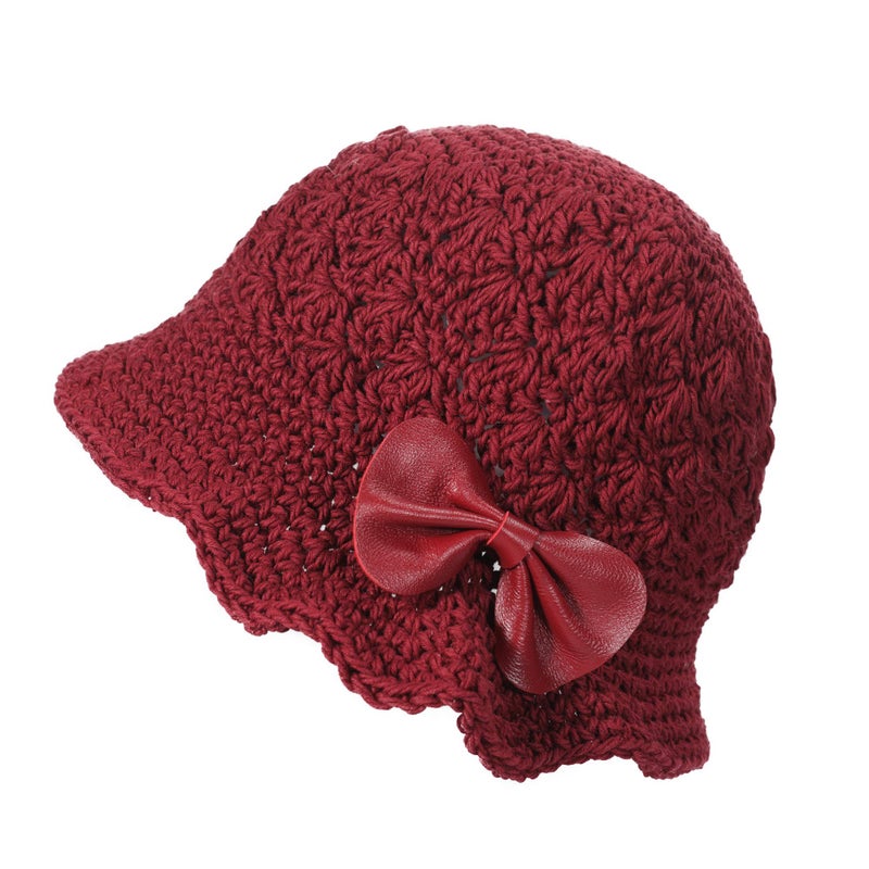 ZLYC Women Winter Crochet Bucket Hat Handmade Cotton Knit Cloche Bowler Hats (Bow Burgundy) - Image 1