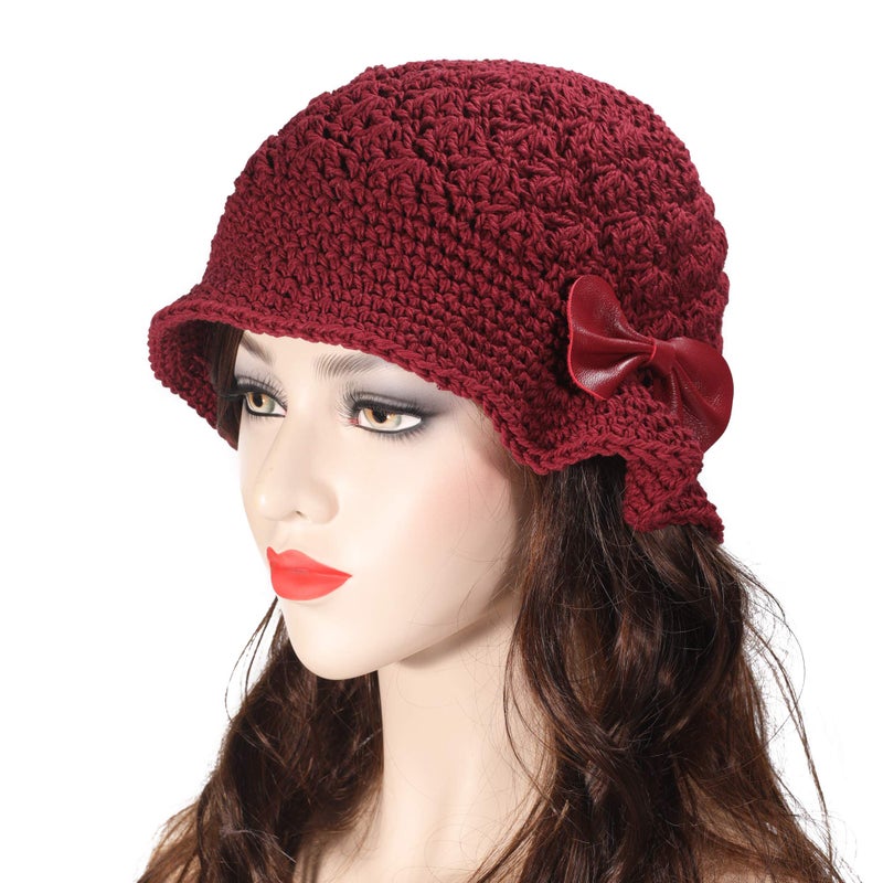 ZLYC Women Winter Crochet Bucket Hat Handmade Cotton Knit Cloche Bowler Hats (Bow Burgundy) - Image 2