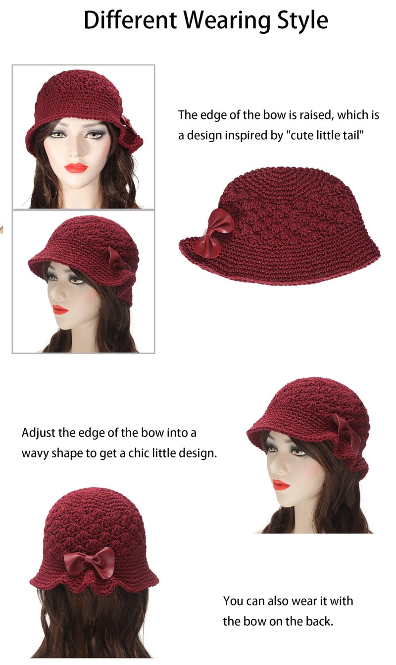 ZLYC Women Winter Crochet Bucket Hat Handmade Cotton Knit Cloche Bowler Hats (Bow Burgundy) - Image 3