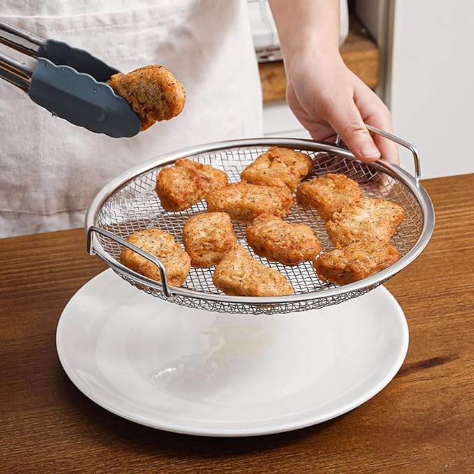 Snevad Deep Fryer Oil Strainer Mesh Drain Plate Stainless Steel BBQ Plate Multipurpose Sieve Rack Fry Chip Food Fryer Filter Basket Frying Mesh Sieve Potato Chips Strainer Snack Basket [24x22.5x4 CM] - Image 5