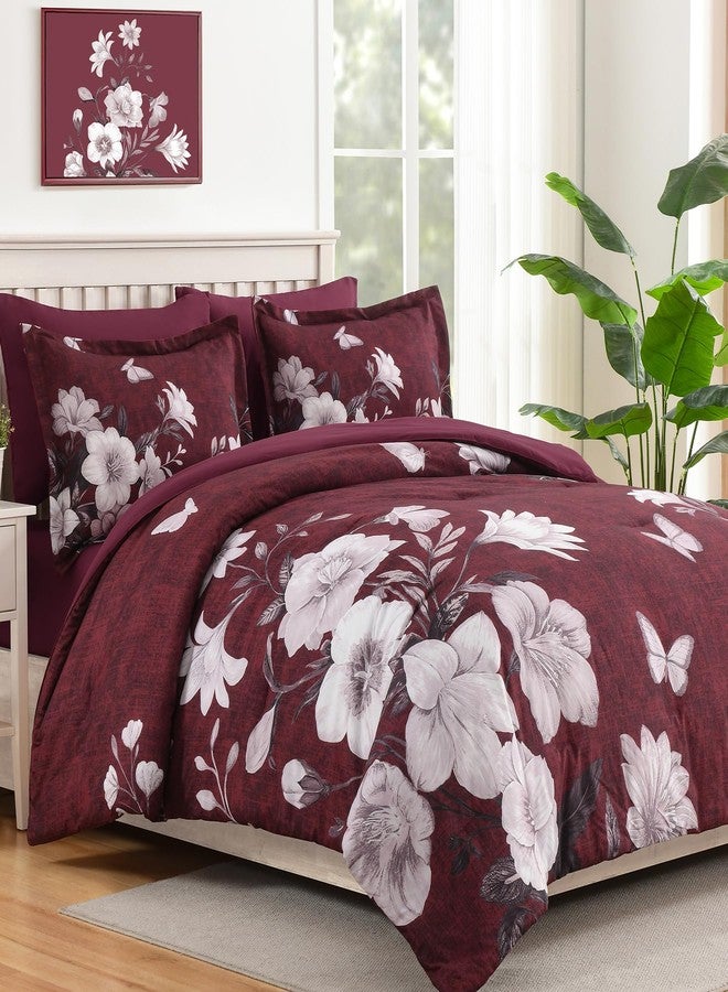 DHSFKBE Floral King Size Comforter Set, 7 Pieces Burgundy Bed in a Bag, Elegant Floral Butterfly Comforter and Sheet Set, Soft Microfiber Bedding Sets for All Seasons(Burgundy,104"x90") - Image 2