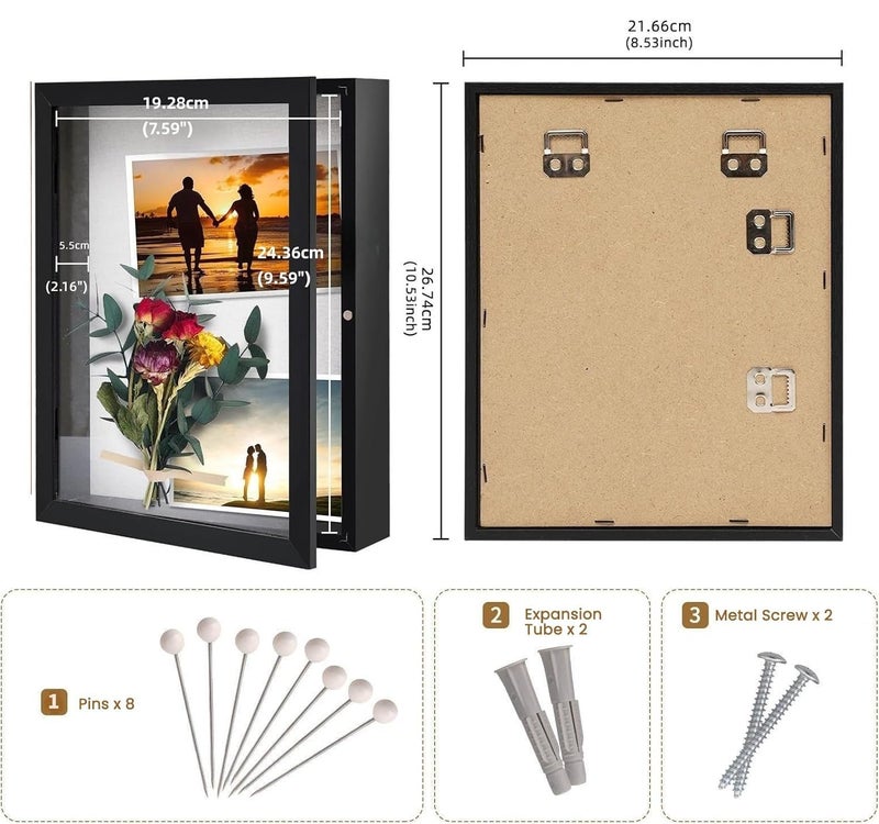 Muzilife 8x10 Shadow Box Picture Frame - 2.16" Interior Deep Wood & Glass Display Case Ready to Hang Memory Box Baby Sports Memorabilia, Wedding, Tickets, and Photos, Black - Image 2