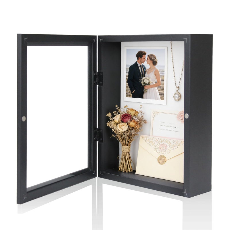 Muzilife 8x10 Shadow Box Picture Frame - 2.16" Interior Deep Wood & Glass Display Case Ready to Hang Memory Box Baby Sports Memorabilia, Wedding, Tickets, and Photos, Black - Image 1