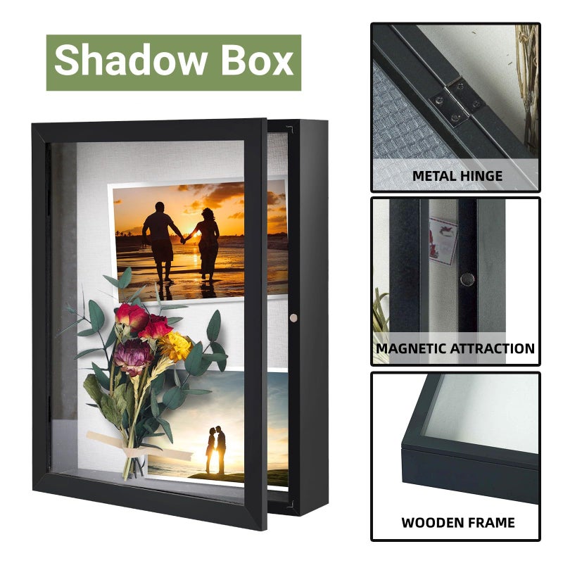 Muzilife 8x10 Shadow Box Picture Frame - 2.16" Interior Deep Wood & Glass Display Case Ready to Hang Memory Box Baby Sports Memorabilia, Wedding, Tickets, and Photos, Black - Image 3