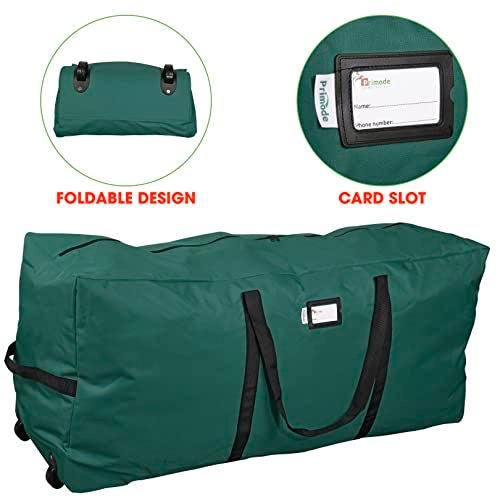 Primode Xmas Rolling Tree Storage Bag, Large Heavy Duty Storage Container, 22" Height X 16" Wide X 50" Long with 2 Wheels and Handles Fits Up to 7.5 Foot Tall Disassembled Holiday Tree (Green) - Image 2