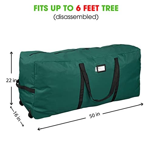Primode Xmas Rolling Tree Storage Bag, Large Heavy Duty Storage Container, 22" Height X 16" Wide X 50" Long with 2 Wheels and Handles Fits Up to 7.5 Foot Tall Disassembled Holiday Tree (Green) - Image 3