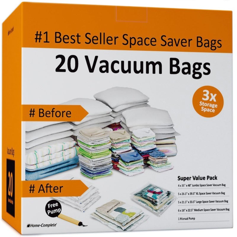 20 Vacuum Sealer Bags  Compression Bags for Travel Clothes and Blanket Storage  Airtight Space Saver Pouches in 4 Sizes and Pump by HomeComplete