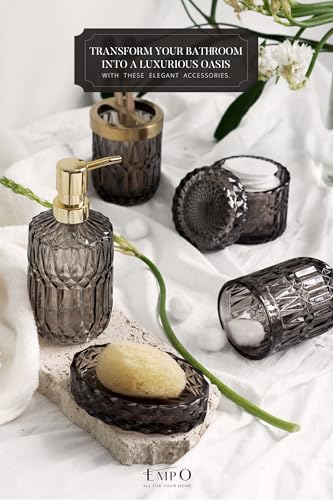EMPO 6PCS Bathroom Clear Glass Accessories Set (Lotion Soap Dispenser, Soap Dish, Toothbrush Holder, Tumbler, Cotton Swab Jar) Contemporary Modern Decor Crystal Clear Vintage Gift (6pcs Gray) - Image 2