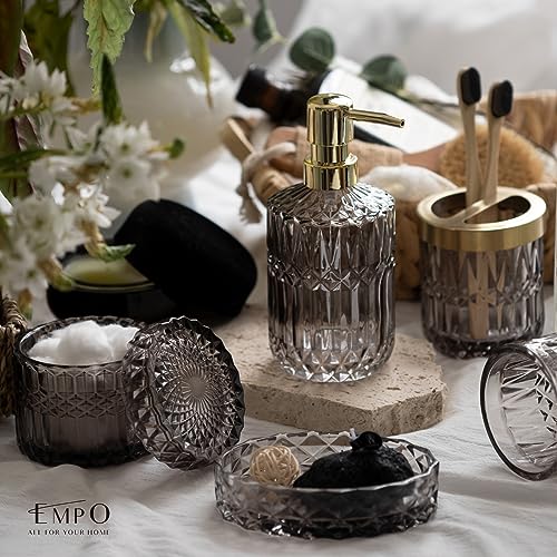 EMPO 6PCS Bathroom Clear Glass Accessories Set (Lotion Soap Dispenser, Soap Dish, Toothbrush Holder, Tumbler, Cotton Swab Jar) Contemporary Modern Decor Crystal Clear Vintage Gift (6pcs Gray) - Image 3