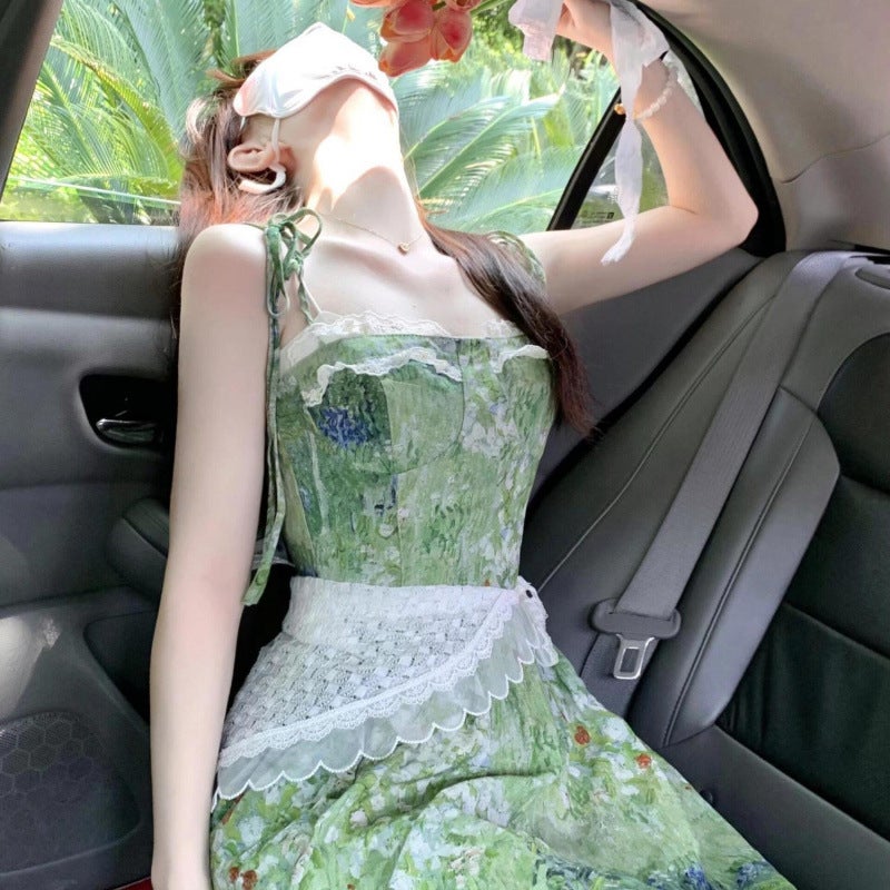 2024 summer new wear a set of Korean floral dress mid-length womens lace waist slimming skirt Lace corset + floral dress [two-piece set]