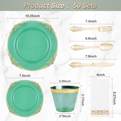 Bestluck 350PCS Clear Green Plastic Plates for 50 Guests, Disposable Plates with Gold Trim include 100 Dinner Plates, 150 Gold Silverware, 50 Cups, 50 Napkins for Party, Wedding and Graduation - Image 2