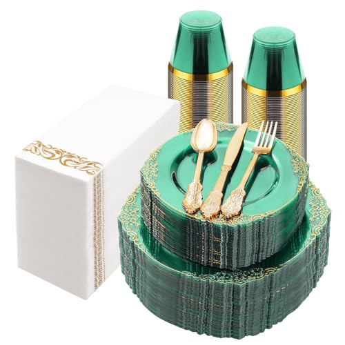 Bestluck 350PCS Clear Green Plastic Plates for 50 Guests, Disposable Plates with Gold Trim include 100 Dinner Plates, 150 Gold Silverware, 50 Cups, 50 Napkins for Party, Wedding and Graduation - Image 1