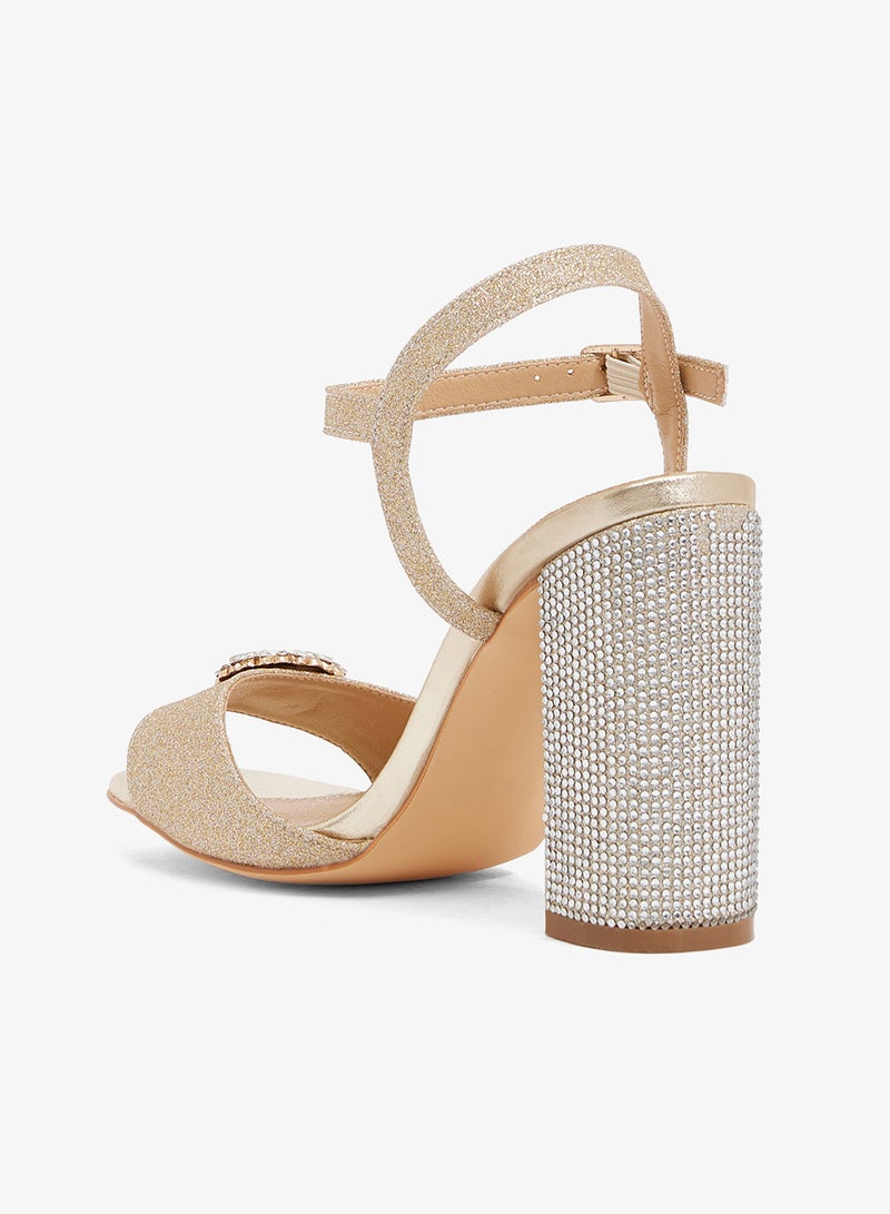 Khizana Champagne gold block heel sandal with rhinestone heel and crystal brooch - Image 3