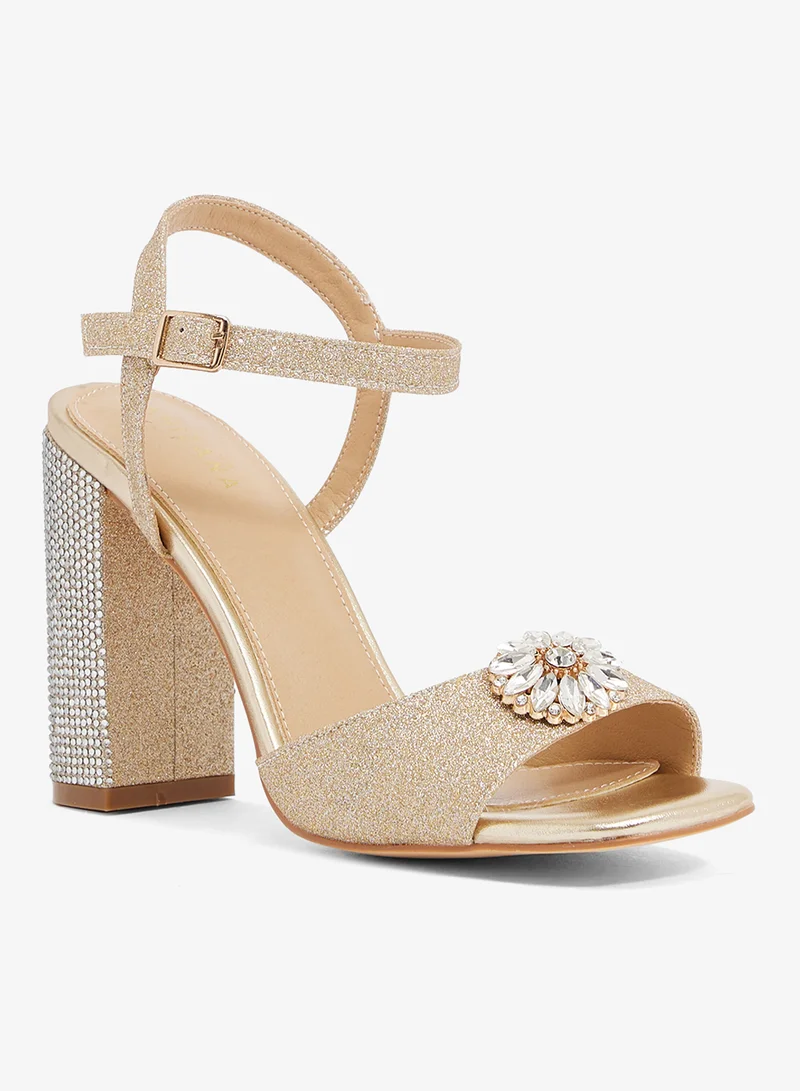 خزانة صندل بكعب كتلة ذهبي شامبانيا بكعب مرصع بالكريستال وبروش كريستالي