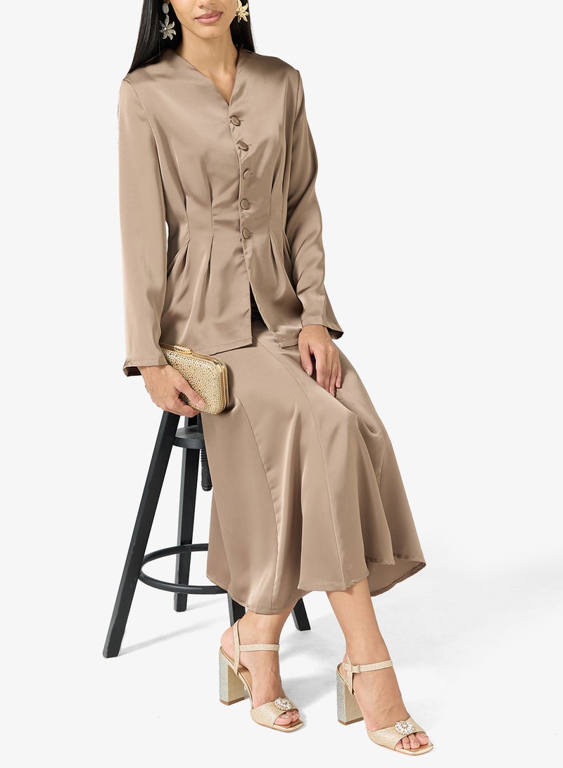 Khizana Champagne gold block heel sandal with rhinestone heel and crystal brooch - Image 5