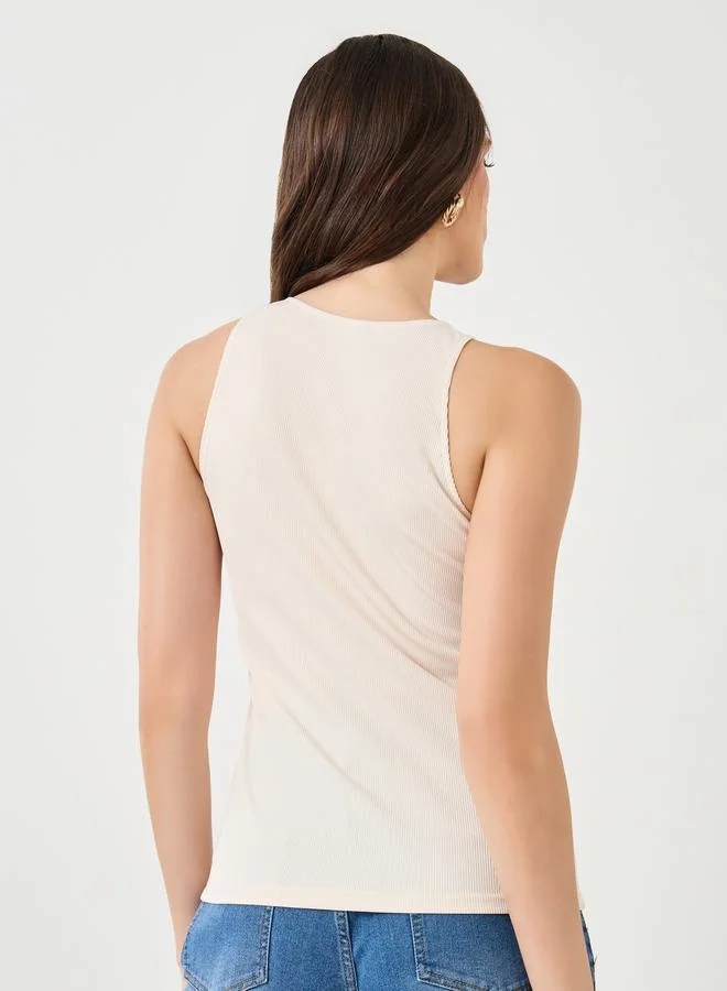 Styli Styli Cream Ribbed Knit Sleeveless Top