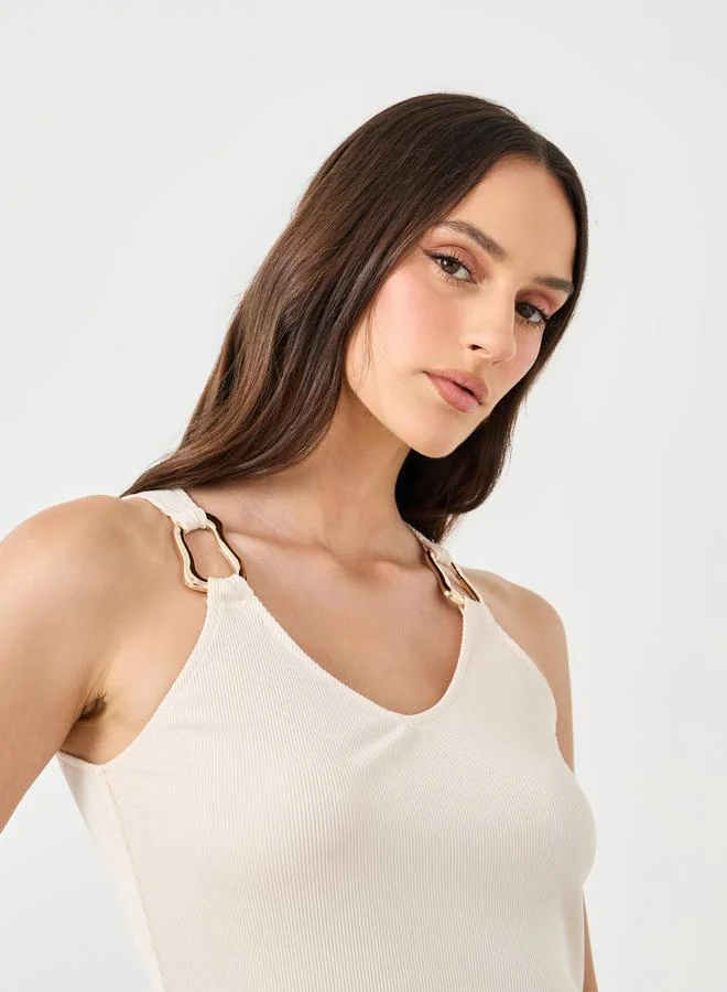Styli Styli Cream Ribbed Knit Sleeveless Top