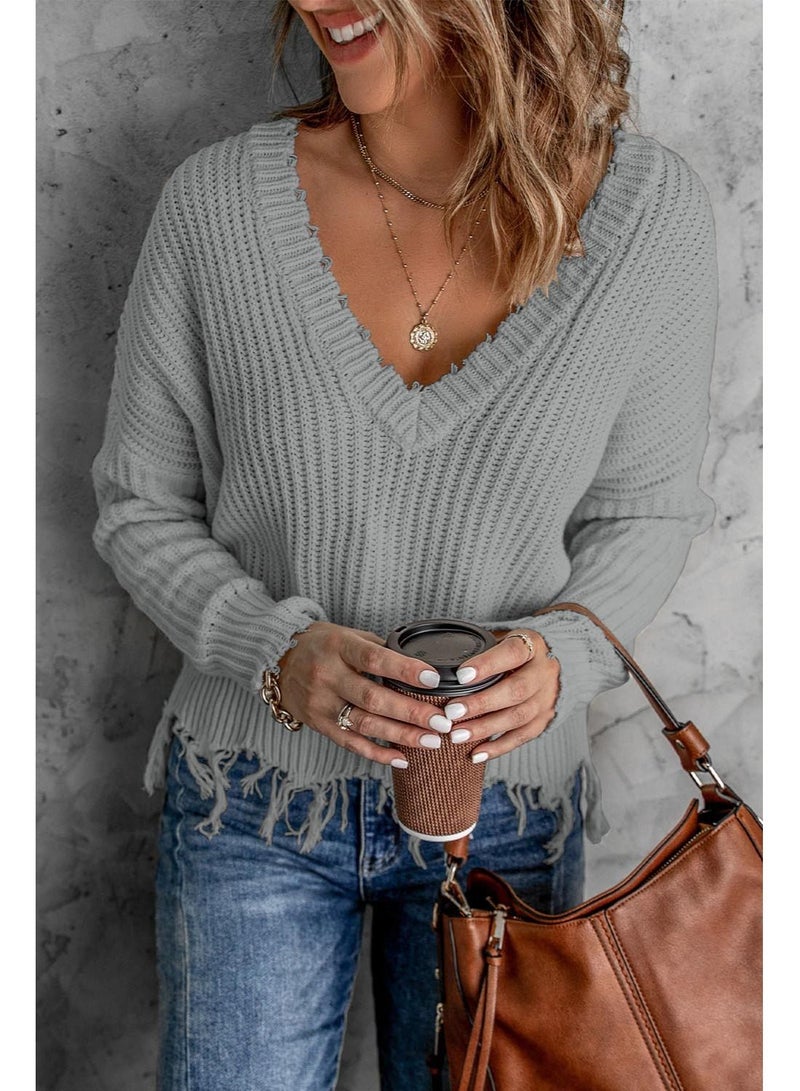 Loquat Baggy V-neck, Long-sleeved Top  Grey - Image 1