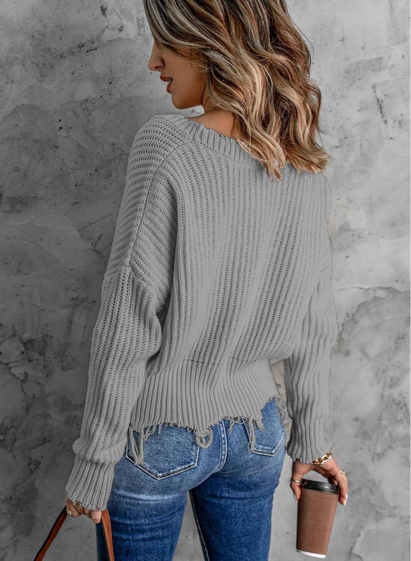 Loquat Baggy V-neck, Long-sleeved Top  Grey - Image 2