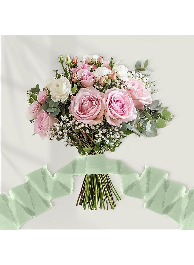 Handmade Fringe Chiffon Ribbon, 3 Rolls 4cm x 5m Silk-Like Ribbon Cream Green Ribbons Set for Wedding Invitations, Bridal Bouquets, Gifts Wrapping, DIY Crafts - Image 3