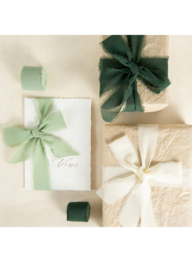 Handmade Fringe Chiffon Ribbon, 3 Rolls 4cm x 5m Silk-Like Ribbon Cream Green Ribbons Set for Wedding Invitations, Bridal Bouquets, Gifts Wrapping, DIY Crafts - Image 4