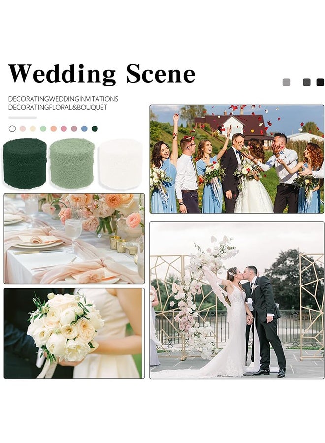 Handmade Fringe Chiffon Ribbon, 3 Rolls 4cm x 5m Silk-Like Ribbon Cream Green Ribbons Set for Wedding Invitations, Bridal Bouquets, Gifts Wrapping, DIY Crafts - Image 2