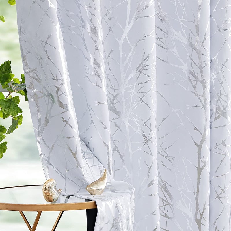FMFUNCTEX Tree Branch White Blackout Curtains for Living Room Bedroom 84"" Length Metallic Print Room Darkening Window Drapes for Kitchen Dining Home Office Grommet Top 2pcs - Image 1