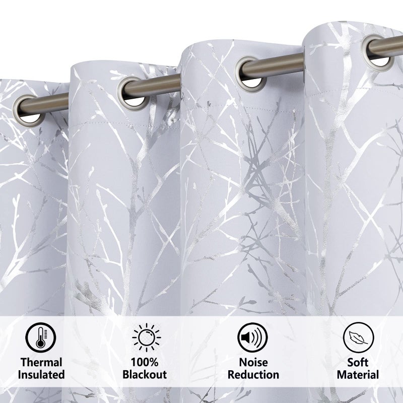 FMFUNCTEX Tree Branch White Blackout Curtains for Living Room Bedroom 84"" Length Metallic Print Room Darkening Window Drapes for Kitchen Dining Home Office Grommet Top 2pcs - Image 3