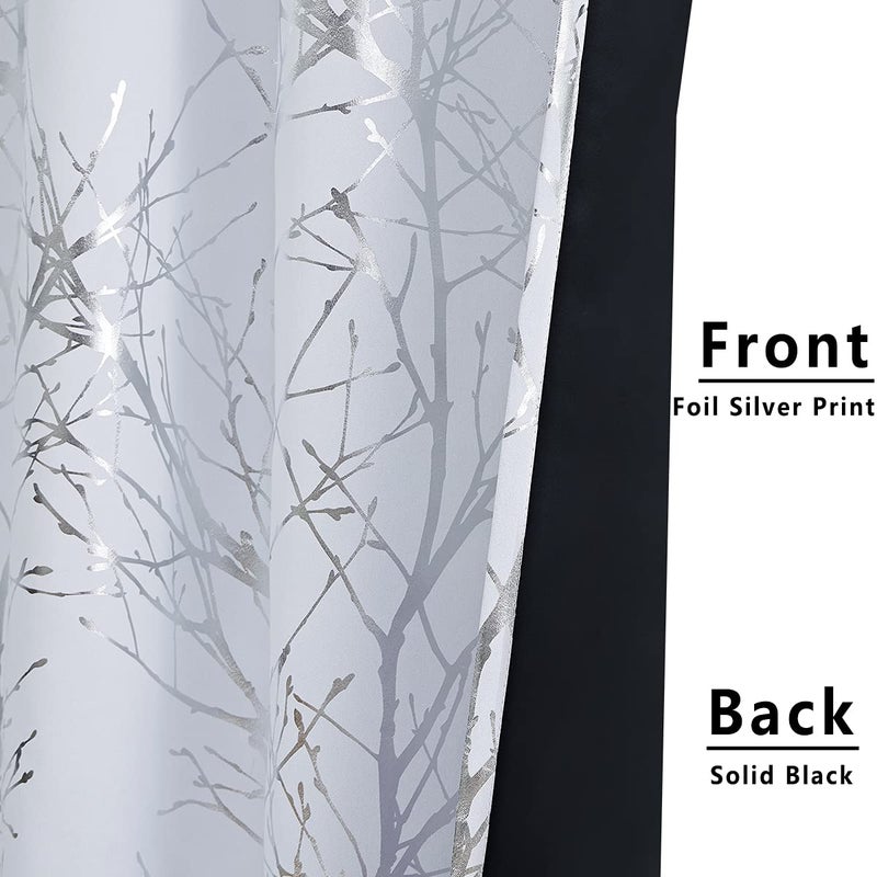 FMFUNCTEX Tree Branch White Blackout Curtains for Living Room Bedroom 84"" Length Metallic Print Room Darkening Window Drapes for Kitchen Dining Home Office Grommet Top 2pcs - Image 4