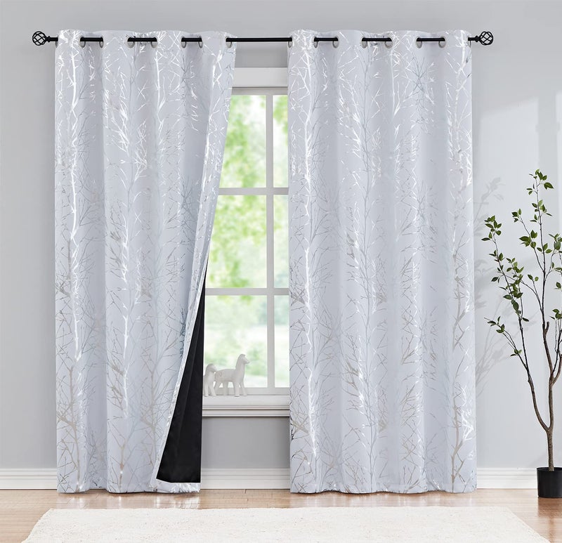 FMFUNCTEX Tree Branch White Blackout Curtains for Living Room Bedroom 84"" Length Metallic Print Room Darkening Window Drapes for Kitchen Dining Home Office Grommet Top 2pcs - Image 2