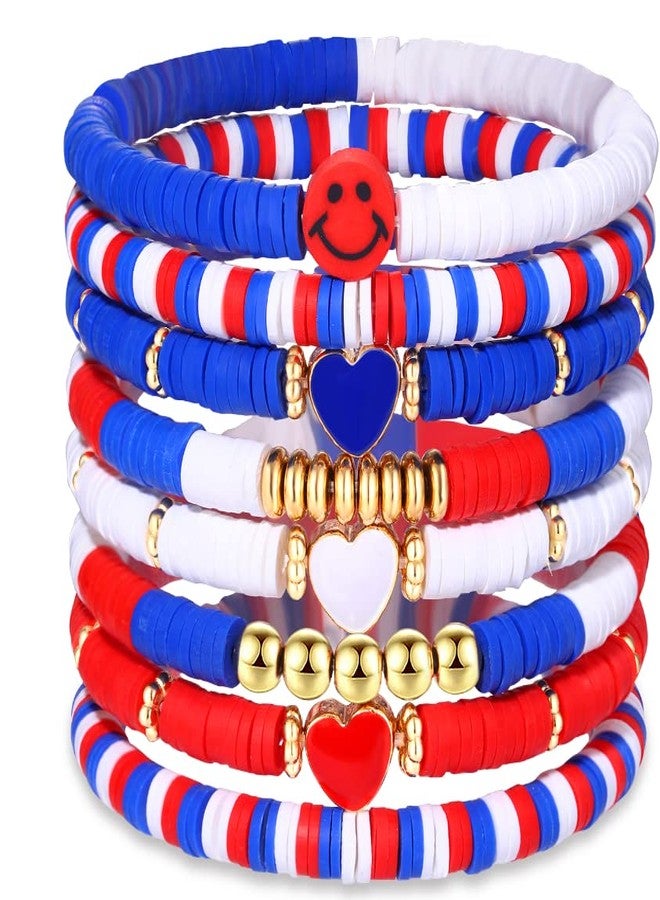 ARATLENCH 4 th ofJuly Bracelet Set for Women - Stack Red White Blue Clay Heishi Beads Bracelet for Women Summer Beach Surfer Bracelets Set Stretch Handmade American Flag Patriotic Bracelets Bulk Jewelry Gift (red white blue heishi bracelet) - Image 1