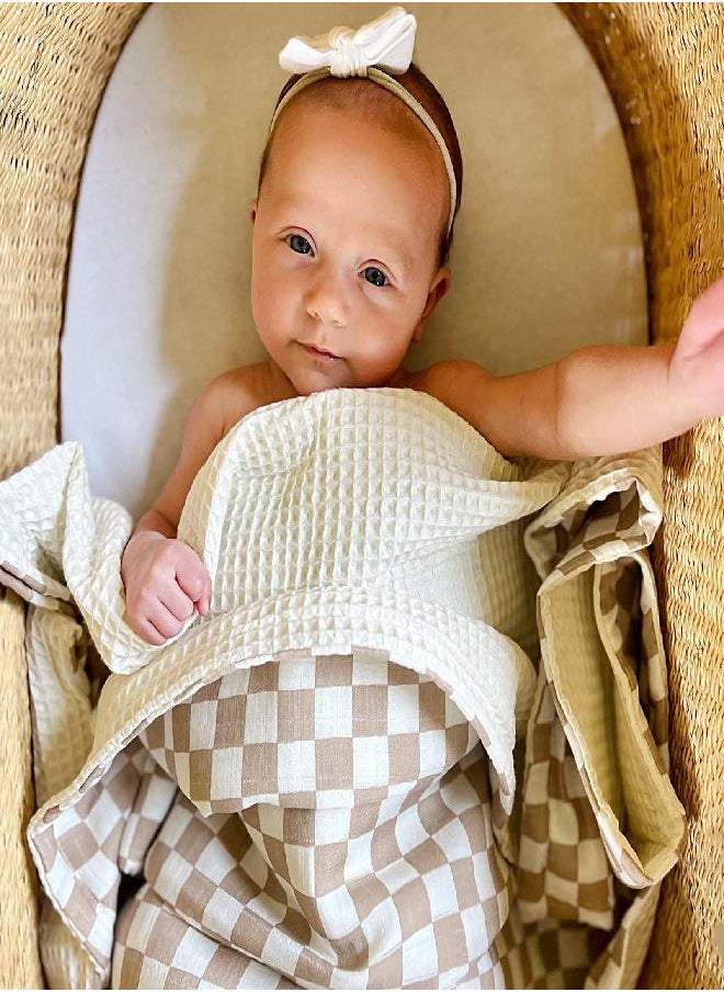 LifeTree LifeTree Waffle Baby Blankets Neutral, Muslin Checkered Swaddle Blankets for Boys Girls, 2 Layers Crib Stroller Blanket Receiving Blankets with Muslin Front and Waffle Backing Infant Newborn  - Image 3