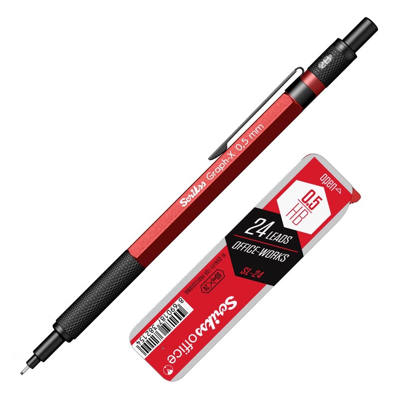 Scrikss GraphX 05mm Mechanical Pencil with HB Lead 1 Tube of 24 Leads Brass Body with Metallic Red Finish Interchangeable Mini Eraser 86169 - Image 1