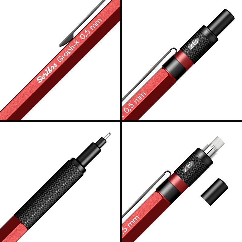 Scrikss GraphX 05mm Mechanical Pencil with HB Lead 1 Tube of 24 Leads Brass Body with Metallic Red Finish Interchangeable Mini Eraser 86169 - Image 3